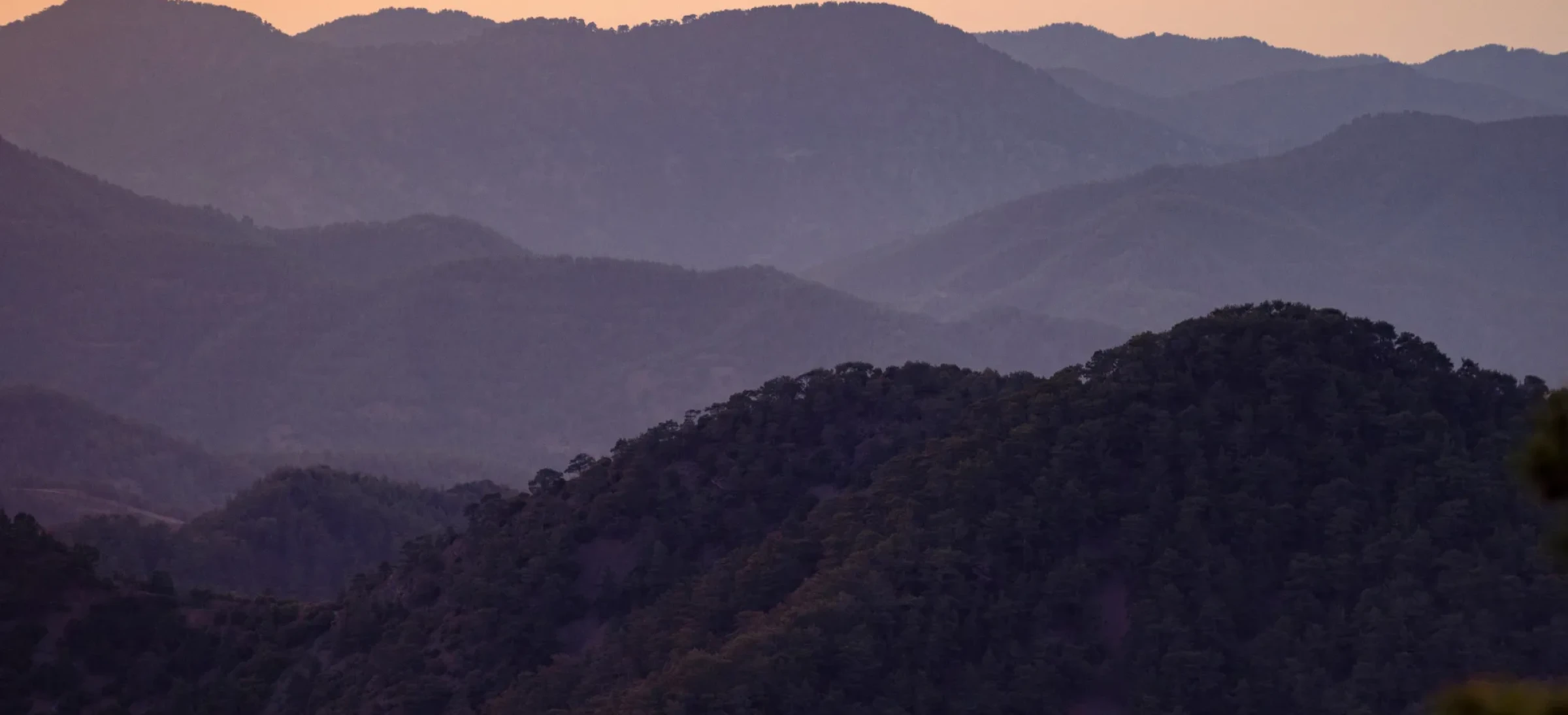 Rolling mountains, covered in trees, beneath a colourful sky