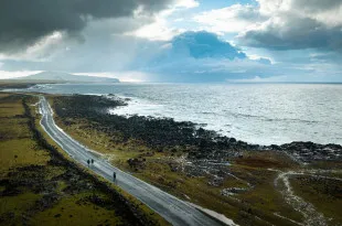 Participants running along a coastal road