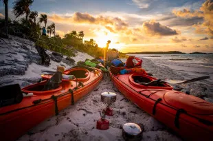 Kayaks placed on a sandy beach next to the water