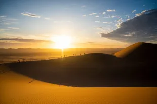 Participants walking over sand dunes with low sun beside them
