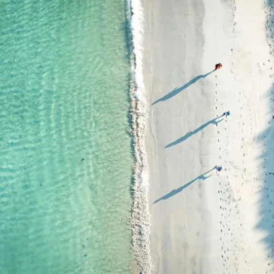 People running along sandy beach next to clear water