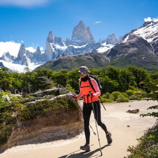 Woman running past greenery on a sunny day with mountains behind