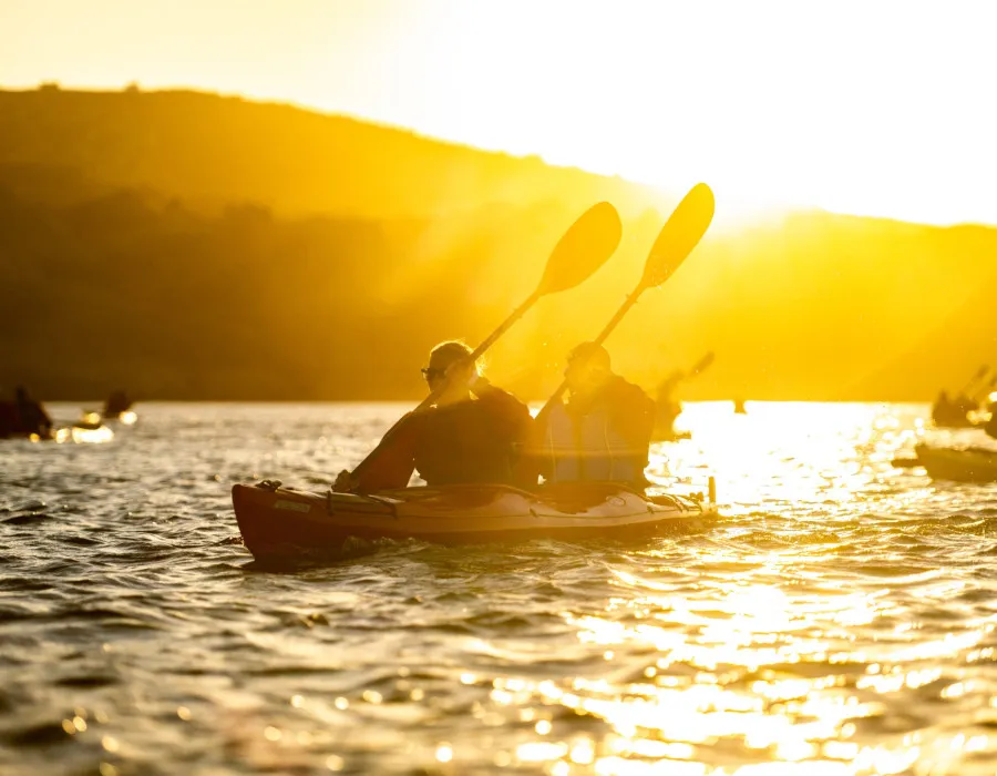Participants kayaking with bright, low sun