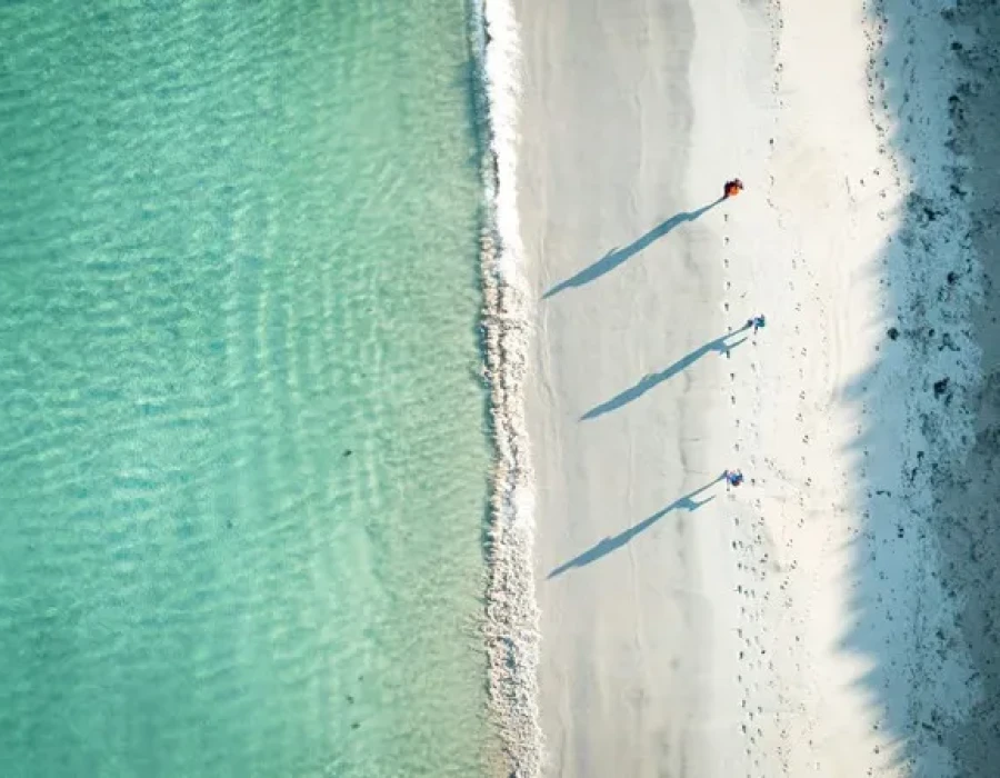 People running along sandy beach next to clear water