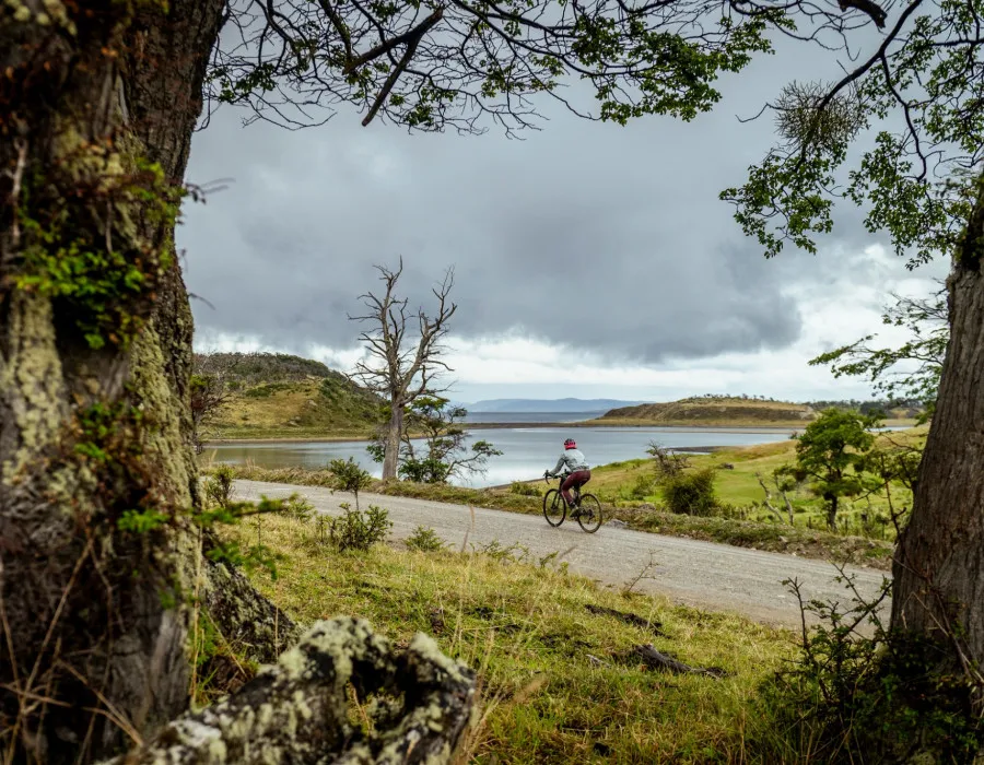 Cyclist riding along road with water behind