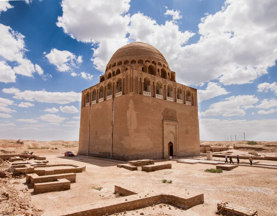 Grand stone building in desert landscape