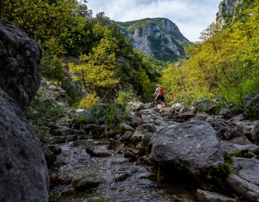 Person walking on rocky terrain with mountain behind