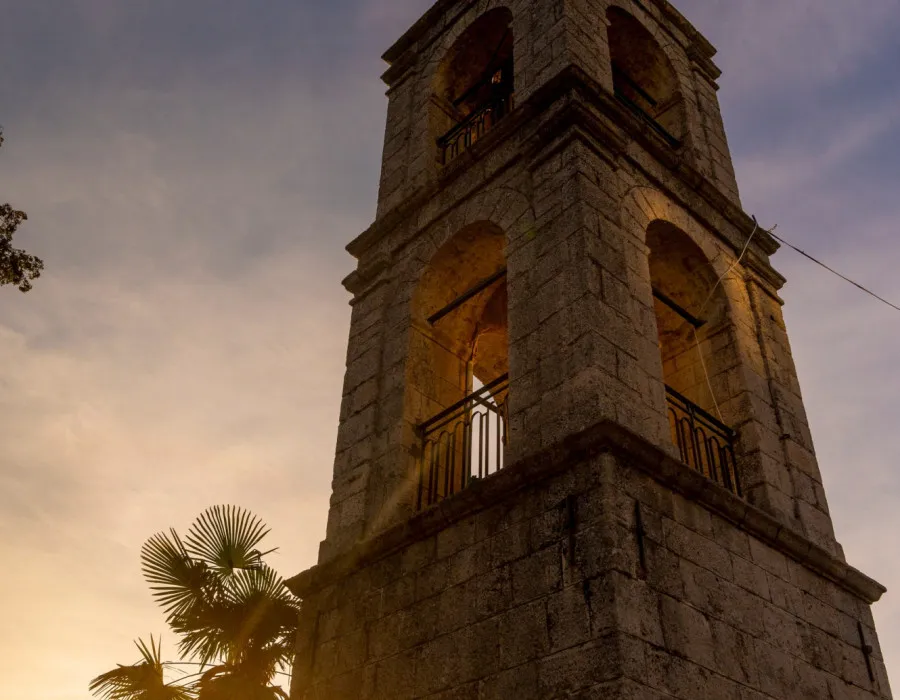 Tall, stone tower and clear sky above