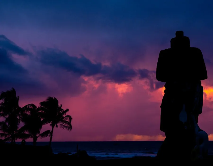 The silhouette of a statue stands against a dark, colourful sky, with palm trees visible in the background