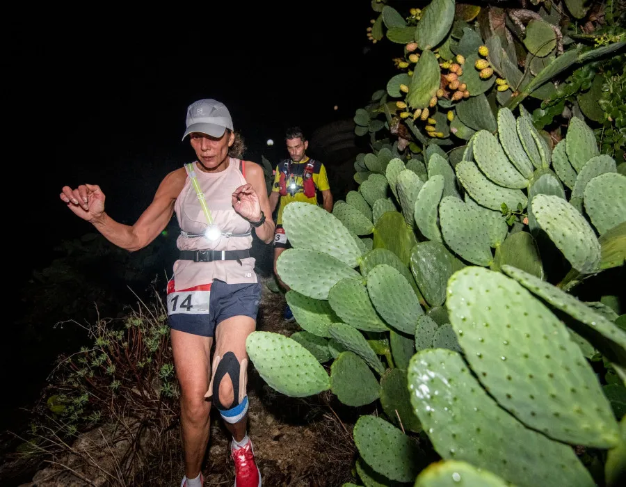 Participants running past plants at night