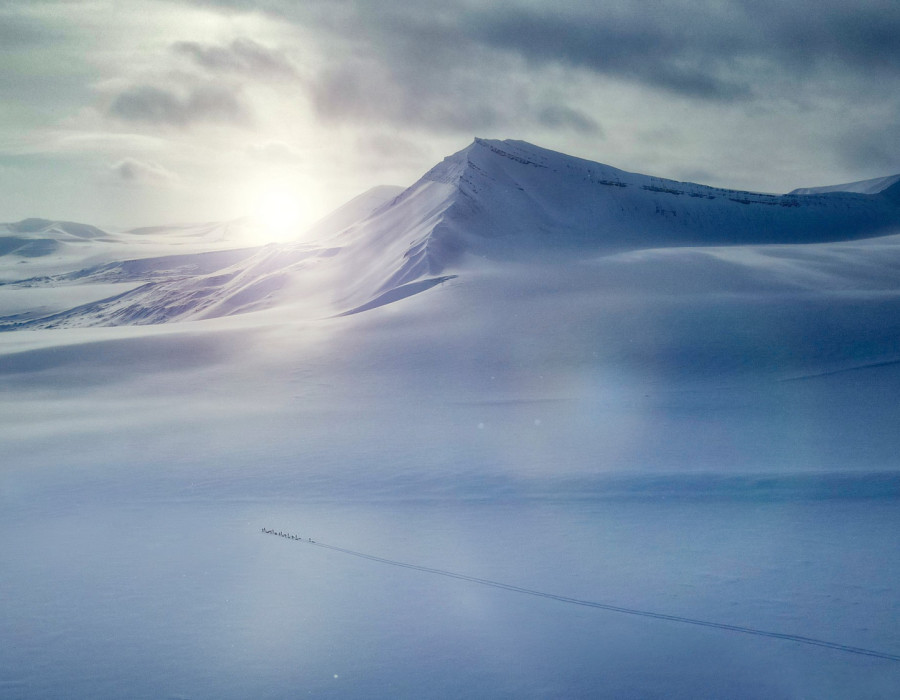 White scenery and snow-covered mountains in the background