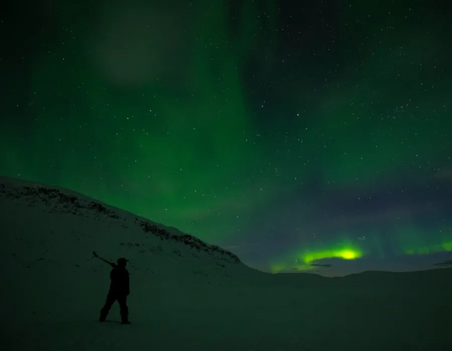 Single participant gazing across a snowy landscape beneath a star-filled sky and bright green northern lights, with a snow-covered hill in the distance