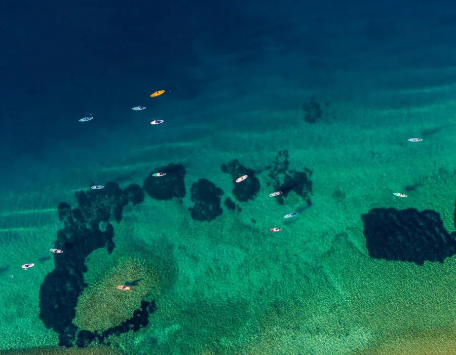 A group of participants kayak through shallow turquoise waters