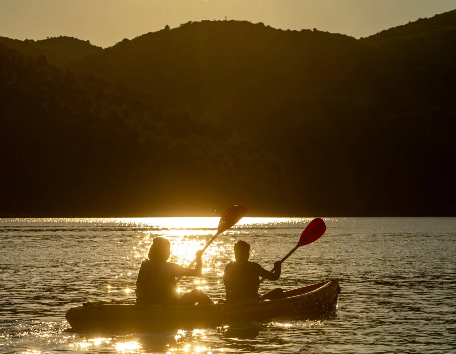 Two participants kayak towards the sunlit horizon, with rolling hills lining the water in the distance