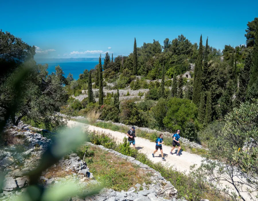 Three participants run along a dusty road, with greenery either side and the bright blue sky above