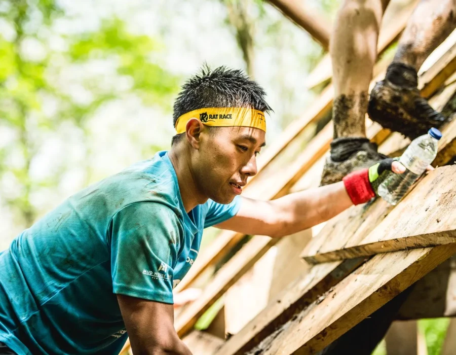 A man wearing a colourful t-shirt, climbing up a wooden ladder in a forest