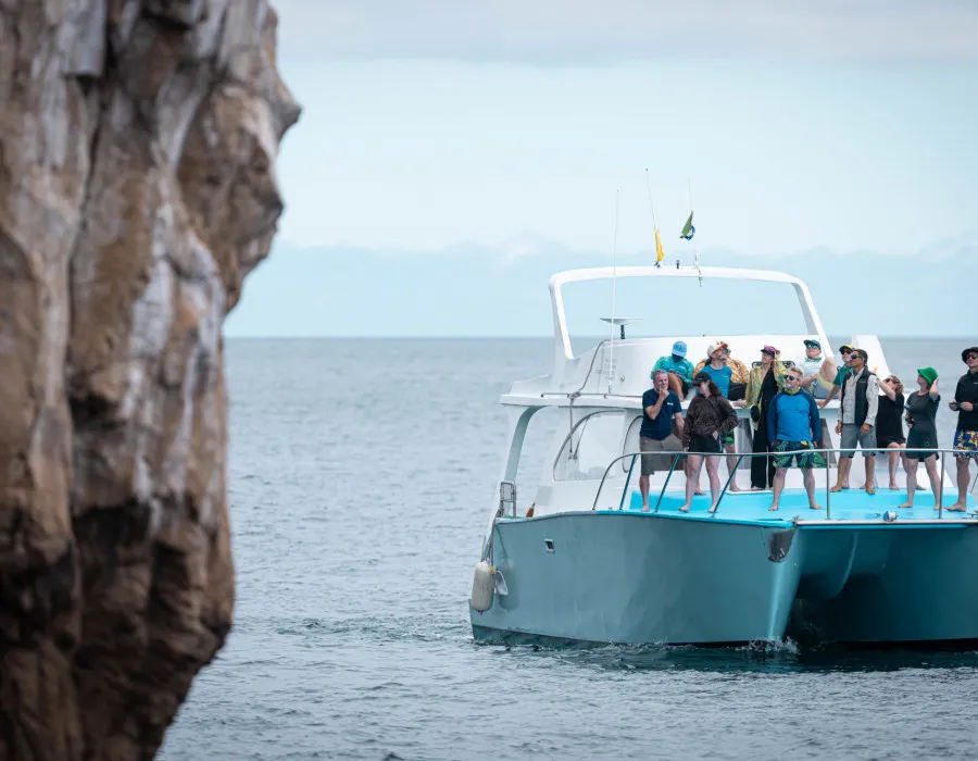 Participants stood on boat, looking at rock