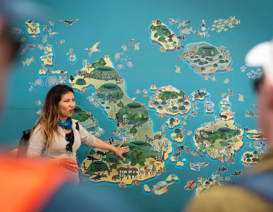 Woman pointing at a large map and talking