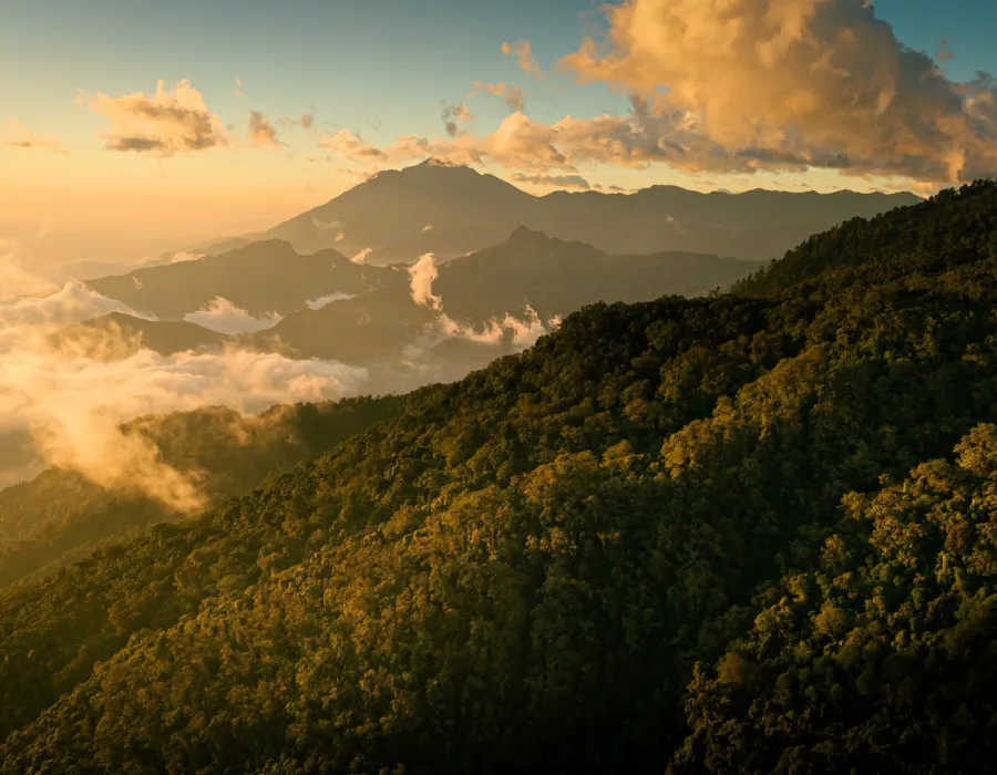 Colourful cloudy sky with mountains in the background and tree-covered hills