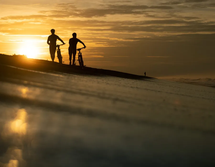 Silhouettes of cyclists walking away from sunset