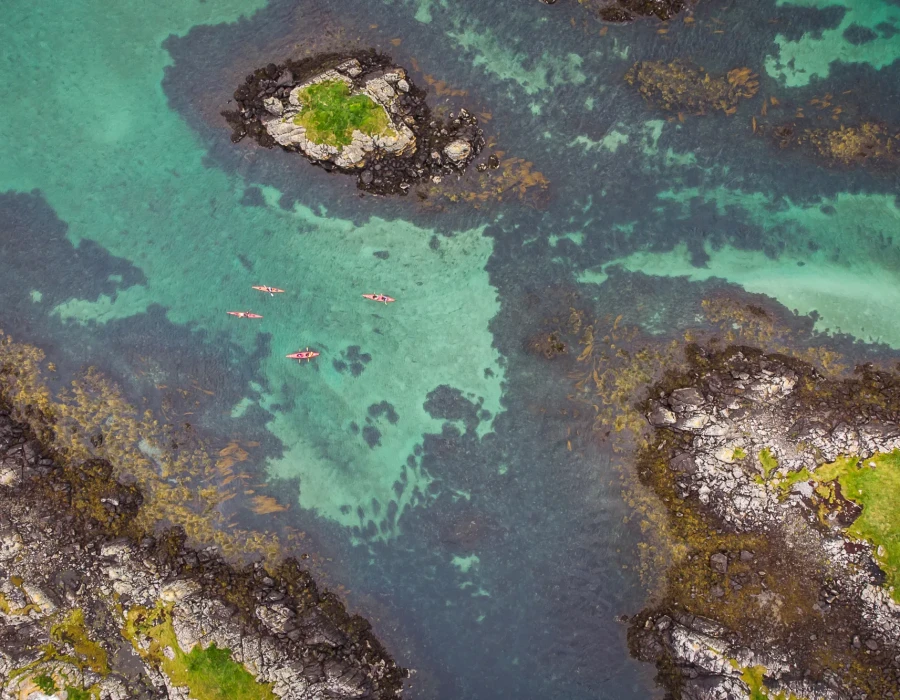 Aerial view of participants kayaking through clear, blue water