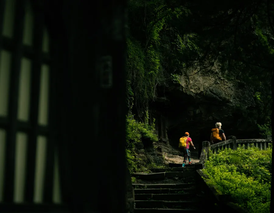 Participants walking up dark steps