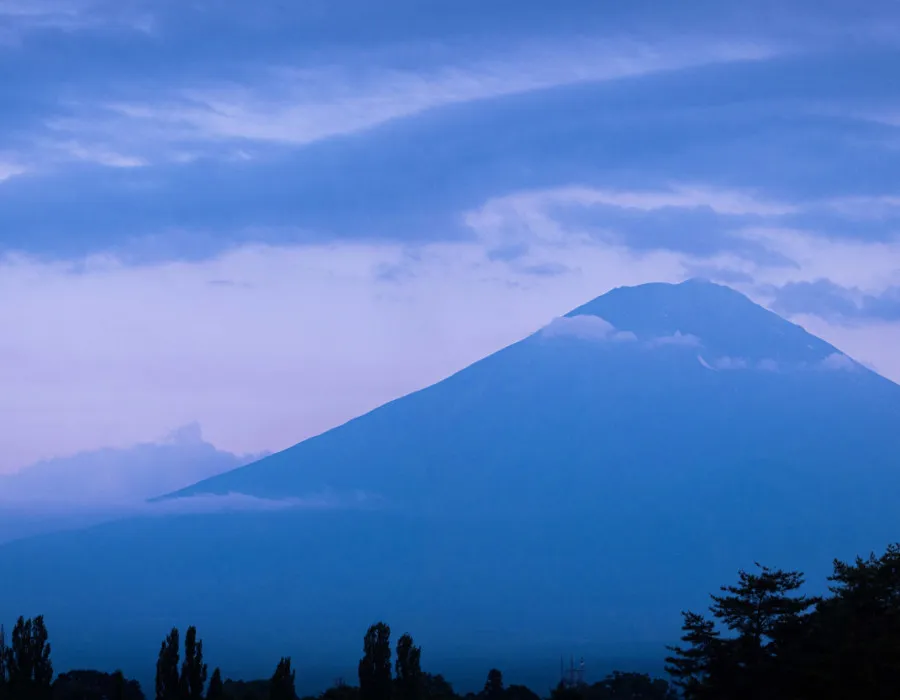 Trees below a mountain reaching through the clouds