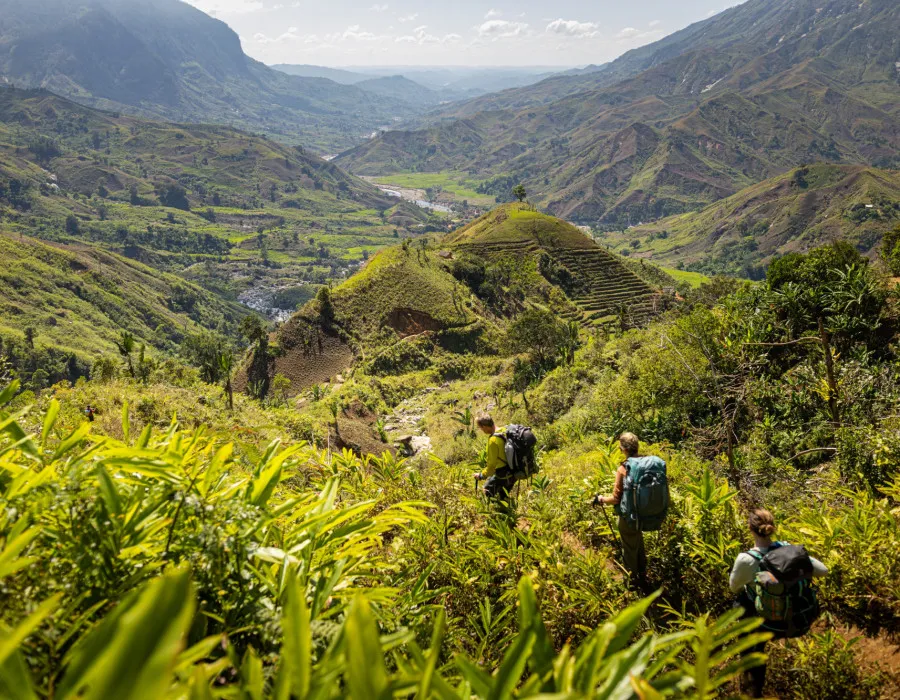 Group of participants trekking through tropical grassland with mountains in the background