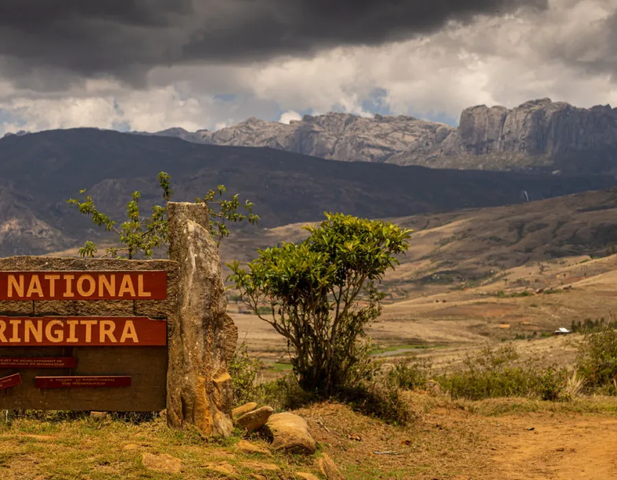 Andringitra National Park sign infront of mountains
