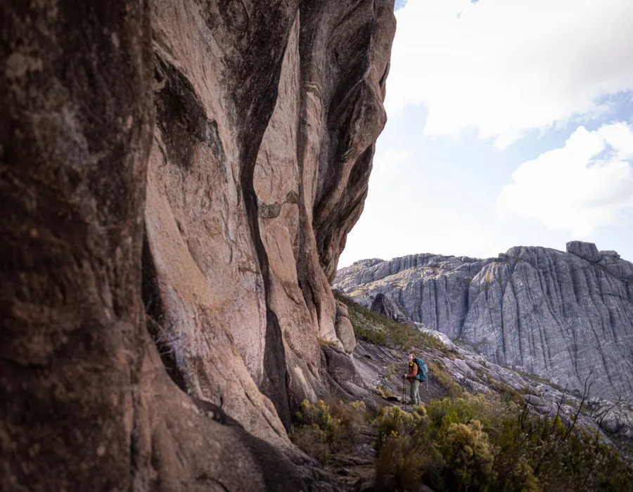 Women stood on rocky mountainous ground