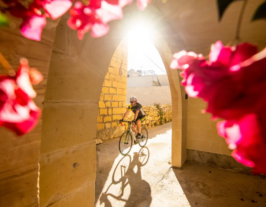 Cyclist rides past archway, leading to colourful flowers