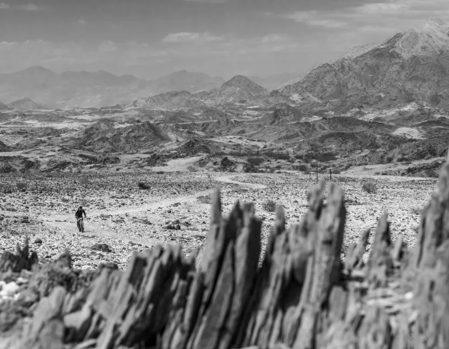 Cyclist riding through rocky and dry desert