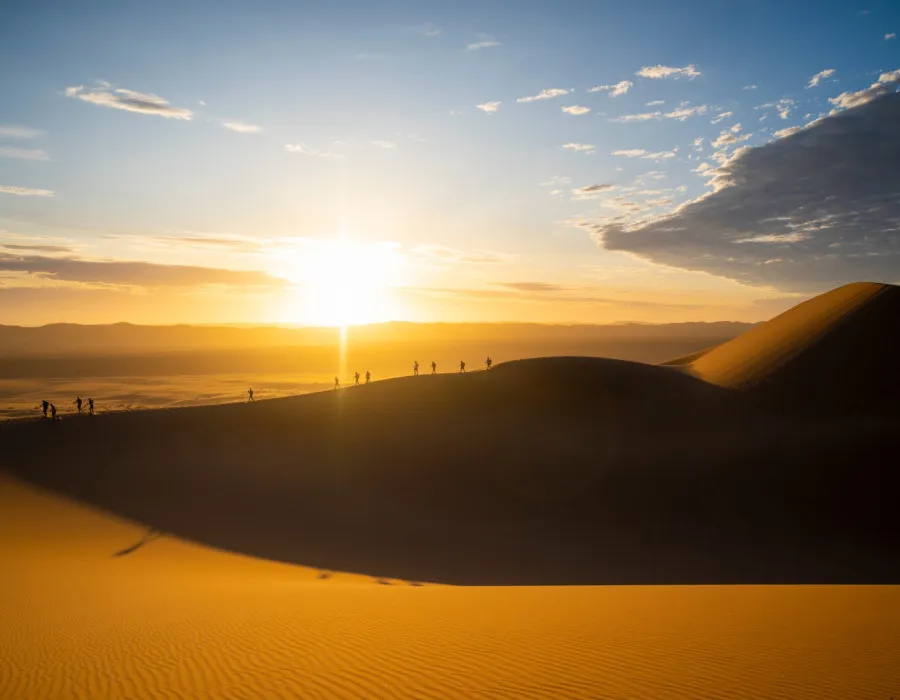 Participants walking over sand dunes with low sun beside them