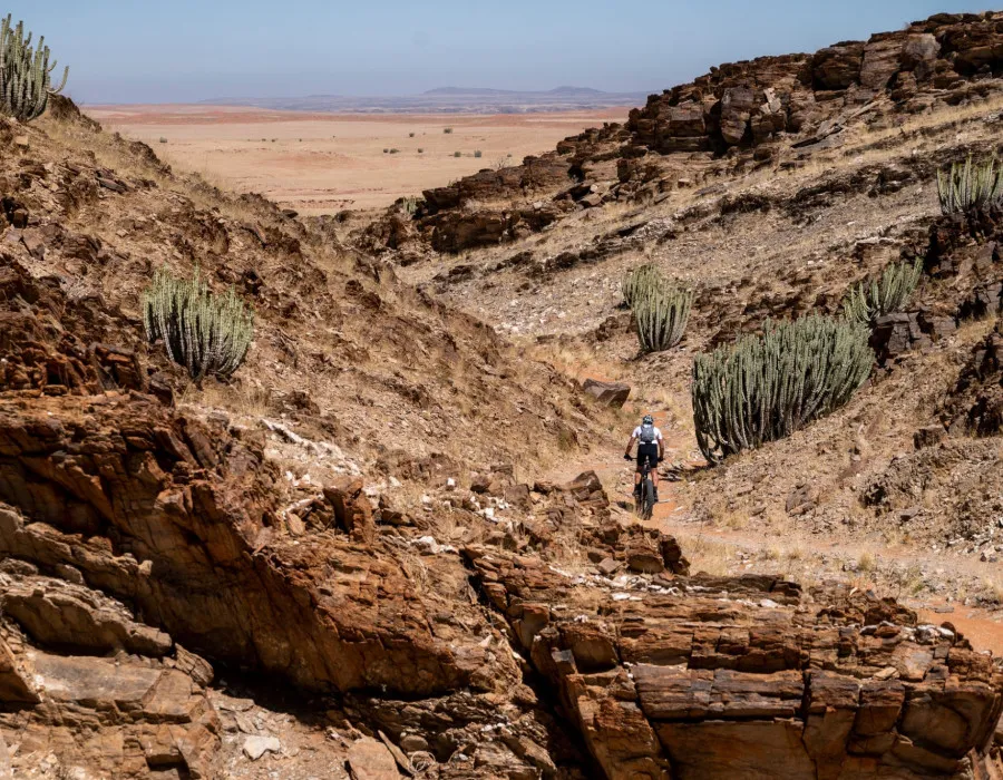 Cyclist riding on dry, rocky terrain