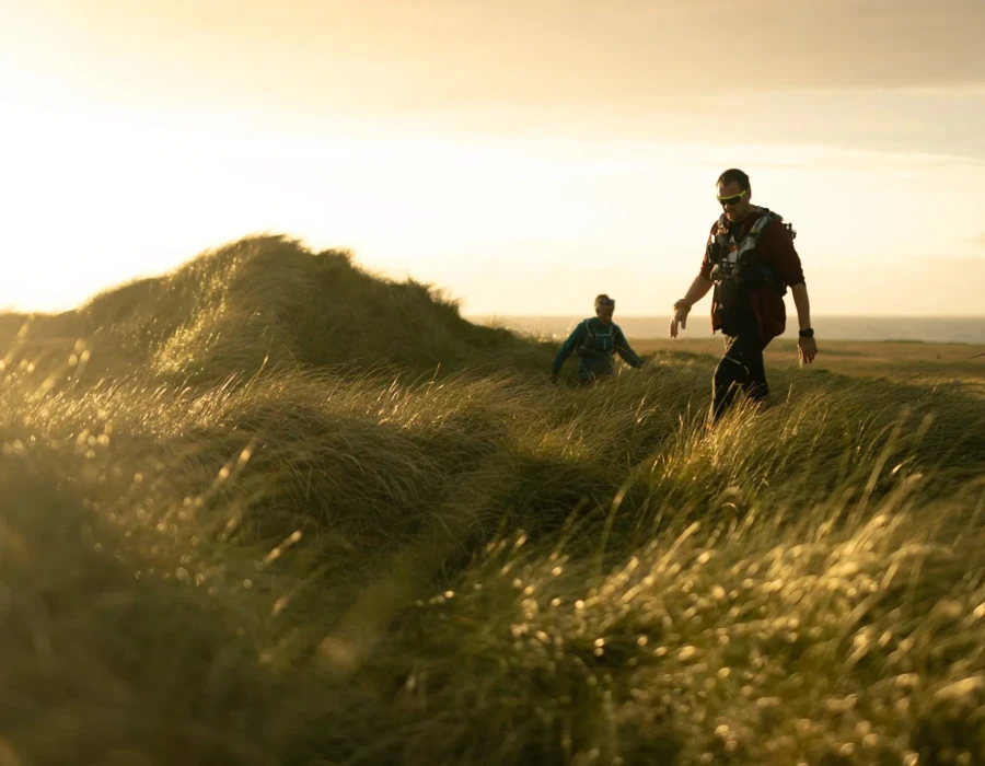 People walking through long grass