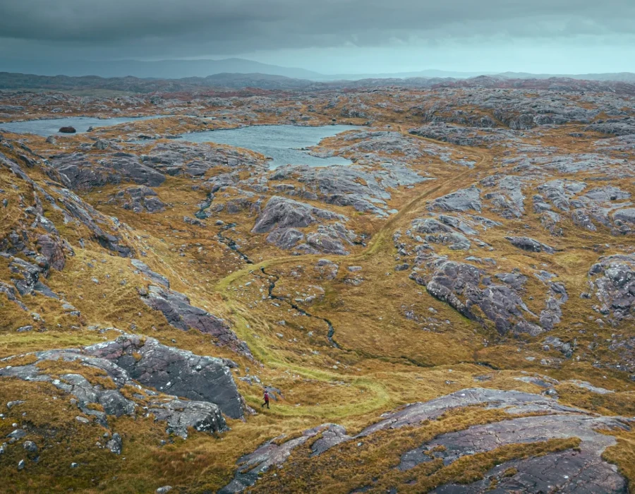 Rocky, grassy terrain with water in the distance