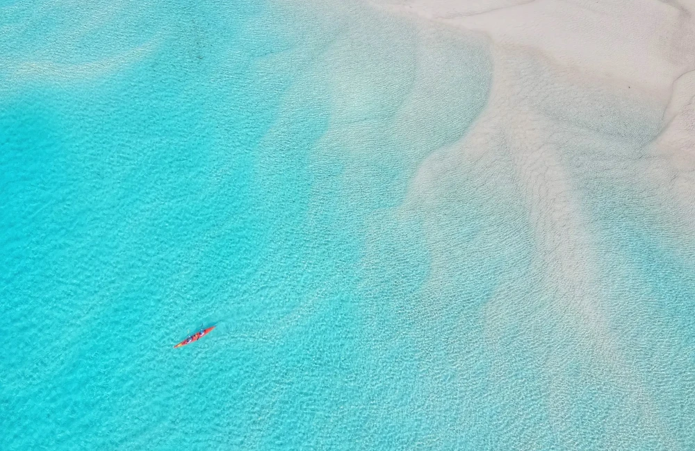 Aerial view of kayak moving through clear, shallow water