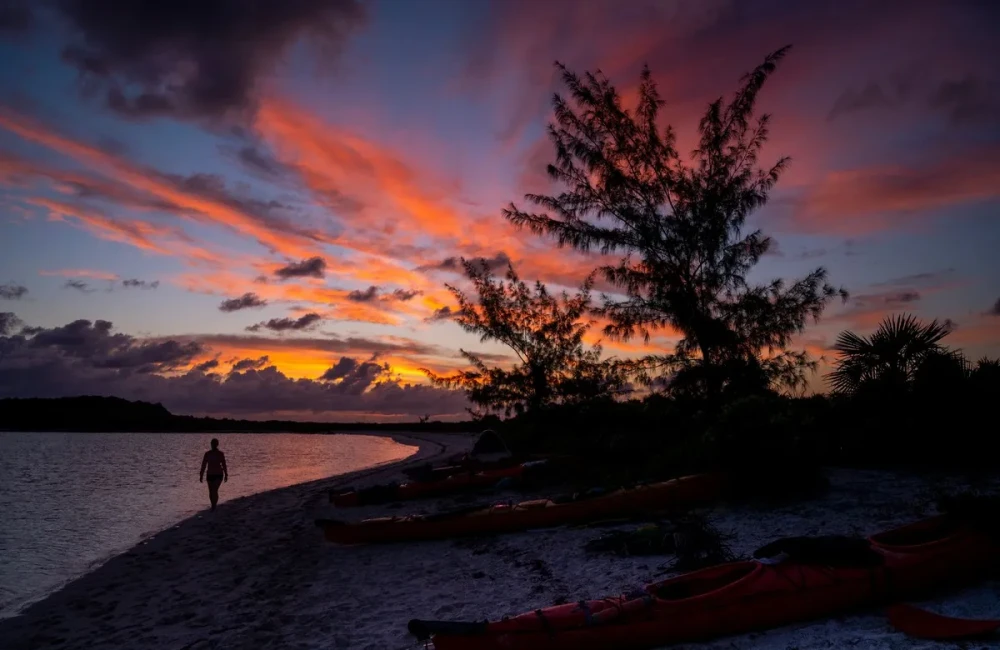 Lone participant walking past colourful kayaks on a sandy beach with sunset behind them