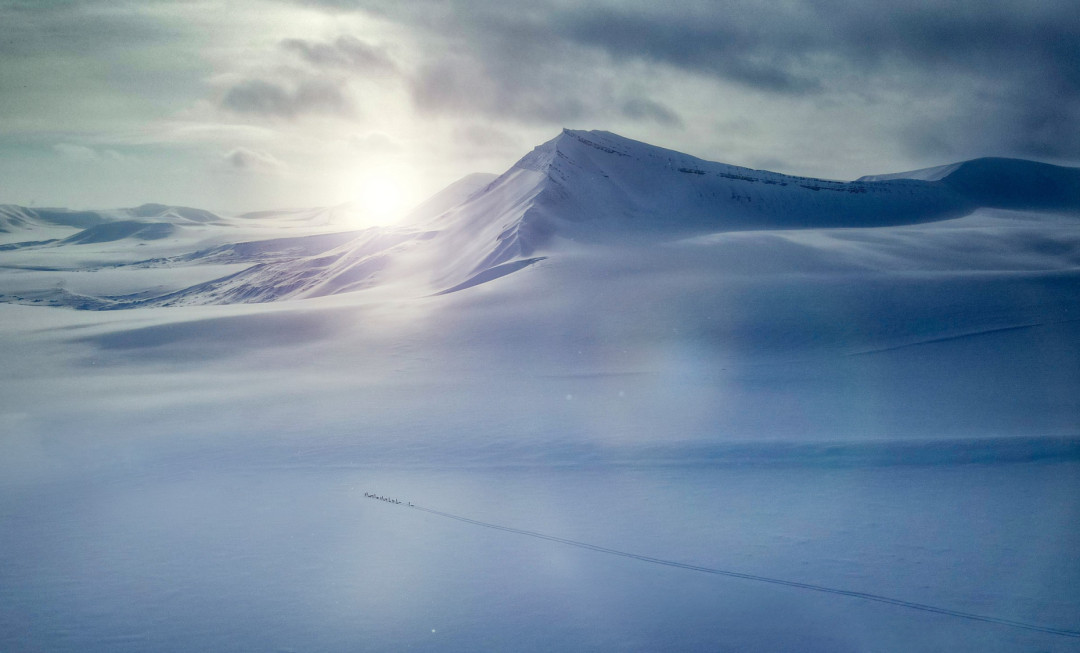 White scenery and snow-covered mountains in the background