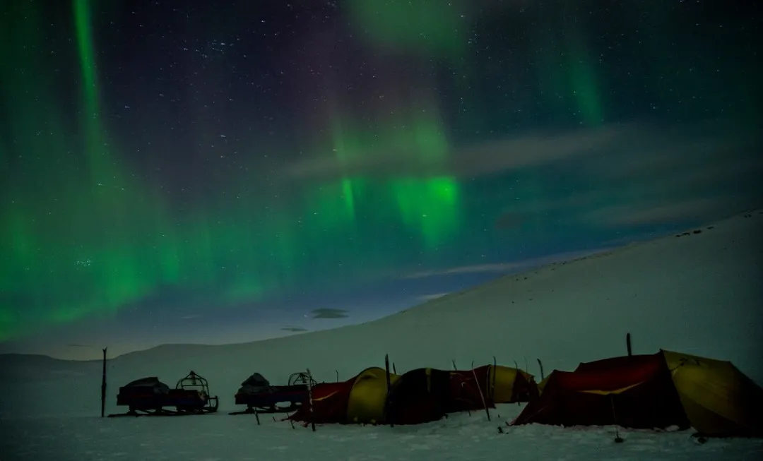 Tents in the middle of a snowy, dark landscape, where bright green northern lights cover the background