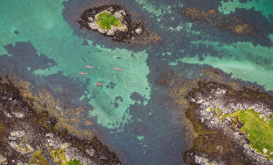 Aerial view of participants kayaking through clear, blue water