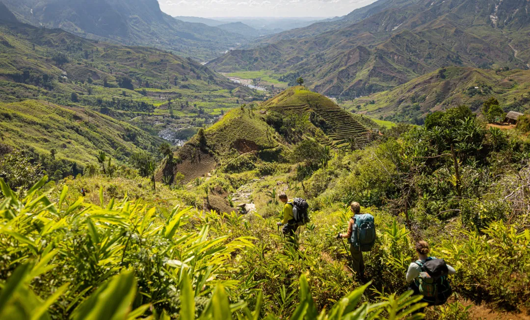 Group of participants trekking through tropical grassland with mountains in the background