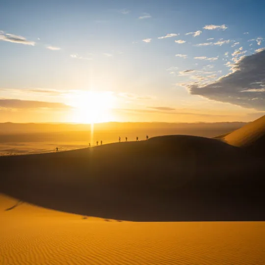 Participants walking over sand dunes with low sun beside them