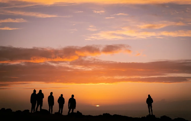 Silhouettes of participants looking out to colourful sky