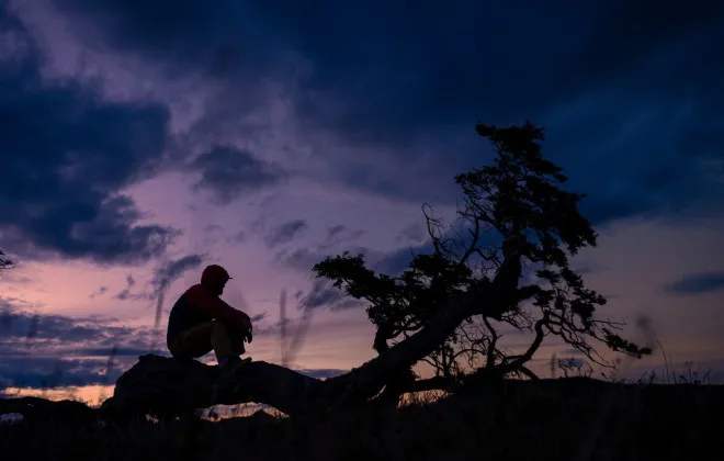 Man sat on fallen tree beneath colourful sky