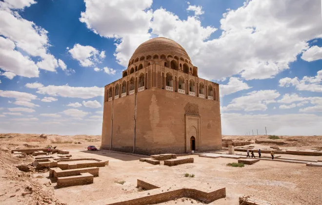 Grand stone building in desert landscape