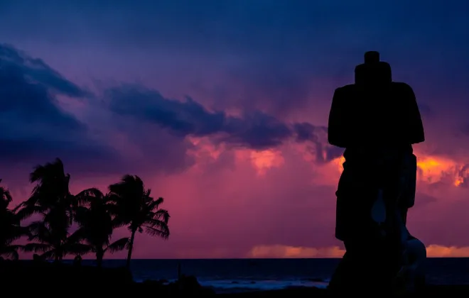 The silhouette of a statue stands against a dark, colourful sky, with palm trees visible in the background