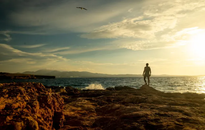 A single event participant stands on a copper, jagged rock and looks out to the blue sea and bright sky as a bird flies over