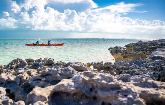 Two participants kayaking through clear water