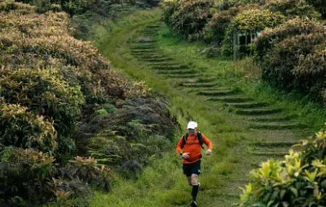 Participant running down grassy track